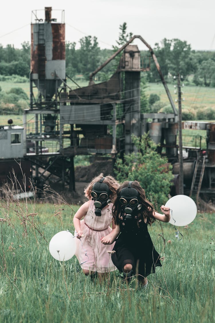 Running Children Wearing Gas Mask 