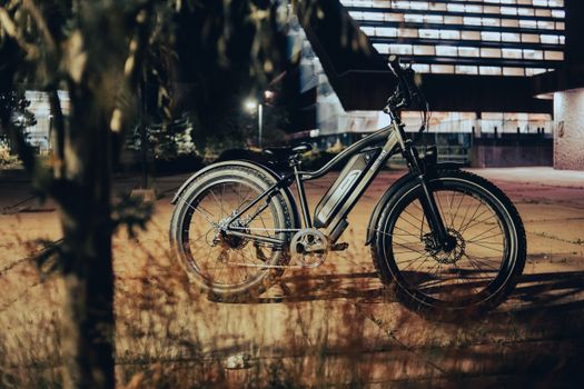 Photo by Erik Mclean A sleek electric bike is parked on a city pavement, illuminated by streetlights at night.