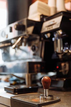 Close-up of a coffee tamper and espresso machine in a warm café setting.