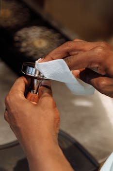 Close-up of a barista cleaning a coffee tamper with a towel in a cafe setting.