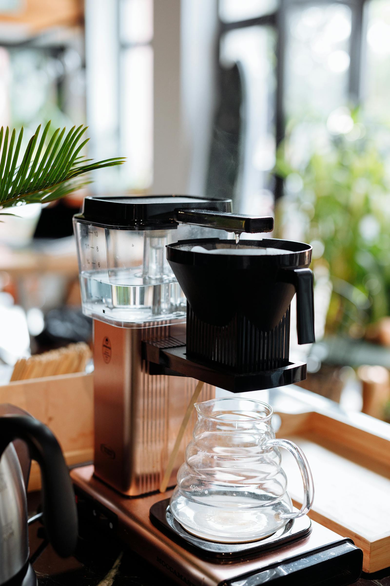 Modern drip brewer with glass carafe on a bright counter