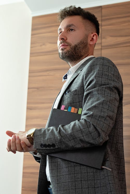 Free A Low Angle Shot of a Bearded Man Wearing Gray Suit Stock Photo