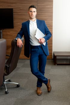Professional adult in blue suit holding laptop in office environment, showcasing executive style and confidence.