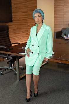 Businesswoman in bright blazer leaning on office table with elegant style, displaying confidence.