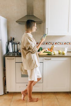 Woman multitasking, preparing food and using smartphone in kitchen.