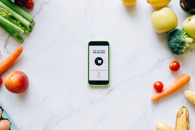 Grocery delivery app on a phone surrounded by fresh fruit and vegetables