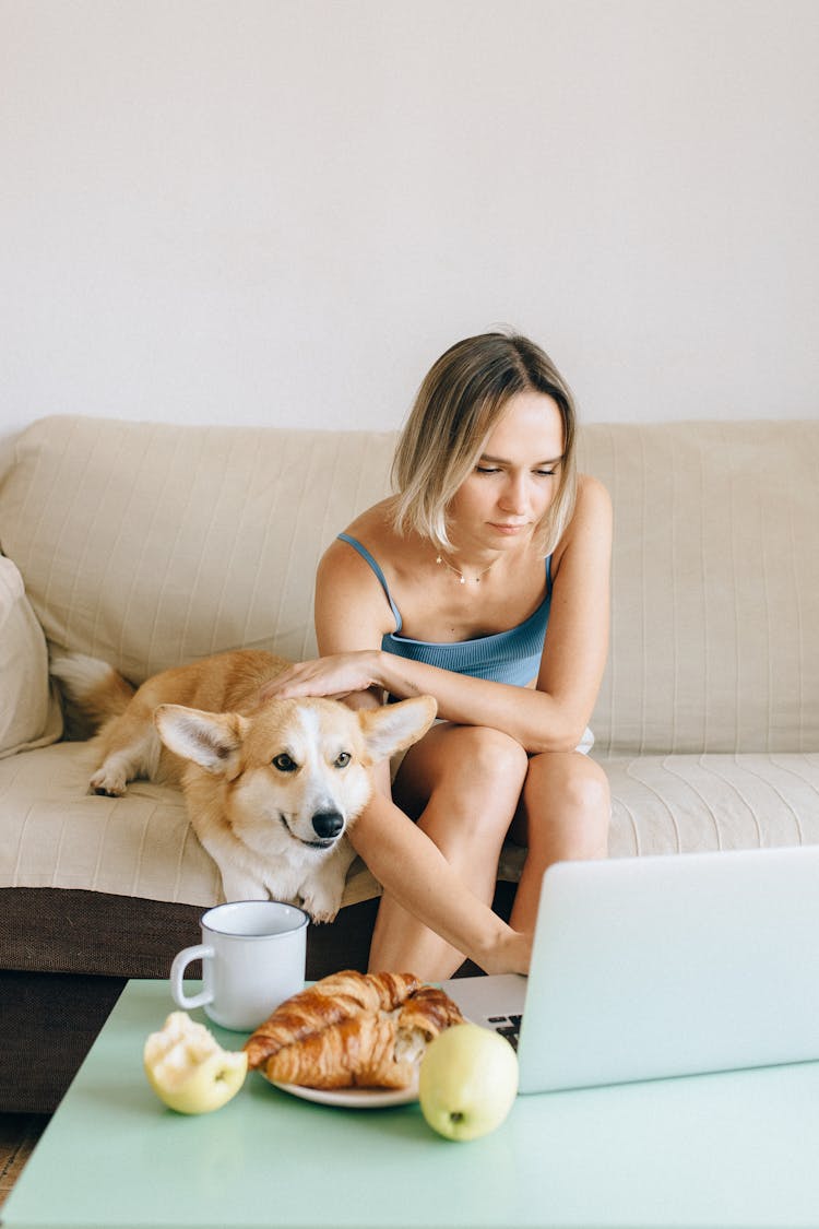 A Woman Using A Laptop With Her Dog