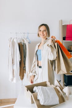 A young woman smiling while holding paper shopping bags indoors, surrounded by clothing.