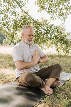 Serene image of a senior man practicing yoga on a mat in a sunny park, promoting wellness and healthy living.