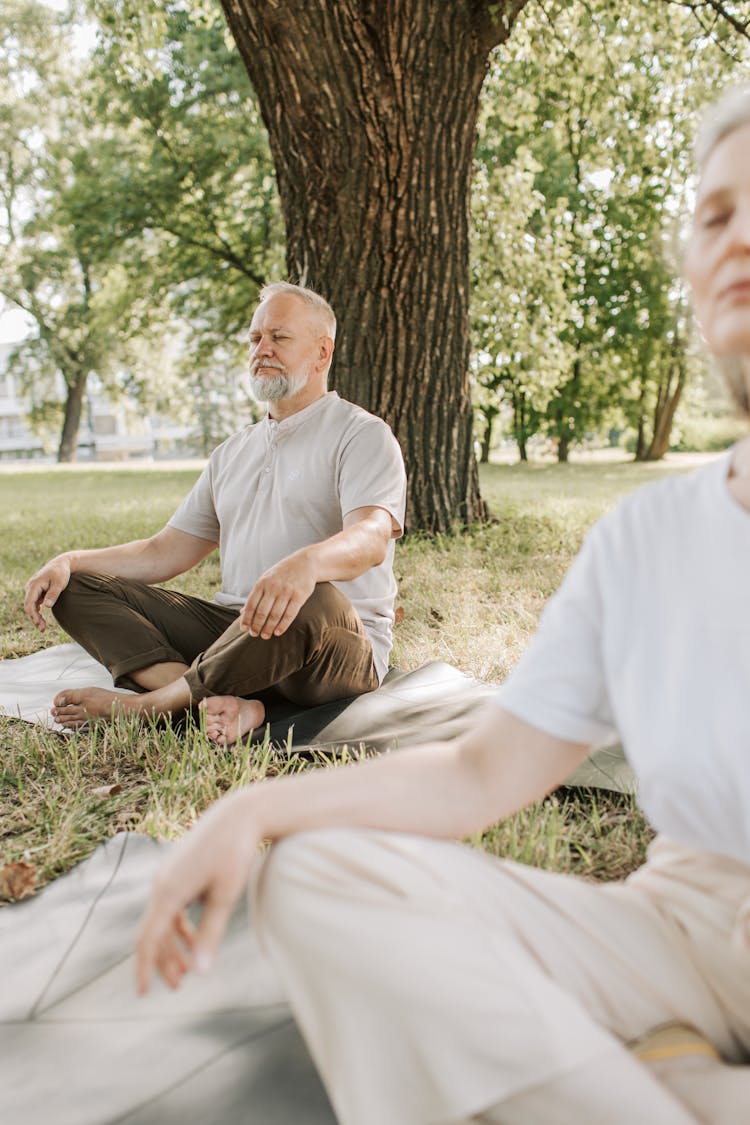 Elderly Man Doing Yoga Near A Tree