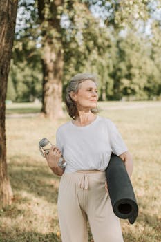 Elderly woman with gray hair holding yoga mat and water bottle, embracing outdoor fitness lifestyle.