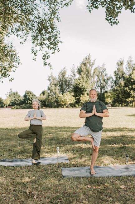 Elderly couple performing tree pose yoga outside on a sunny day in a park.
