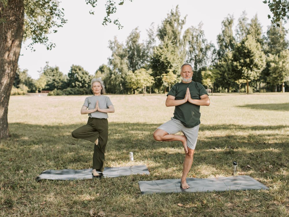 Elderly couple doing yoga in a park