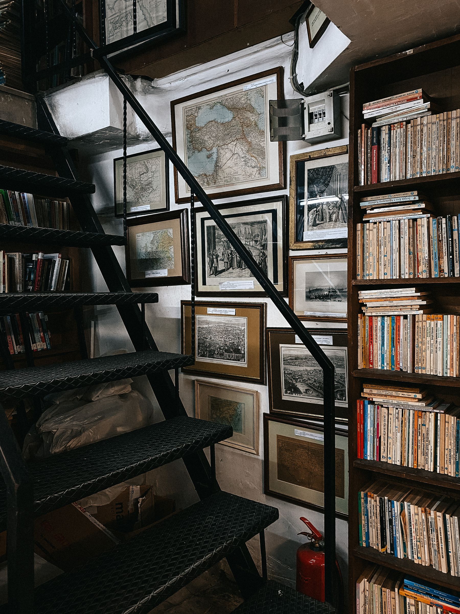 Tall book-lined nook with framed pictures, dark shelving and a black metal stair structure