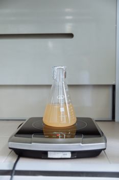 An Erlenmeyer flask with liquid on a magnetic stirrer in a lab setting.