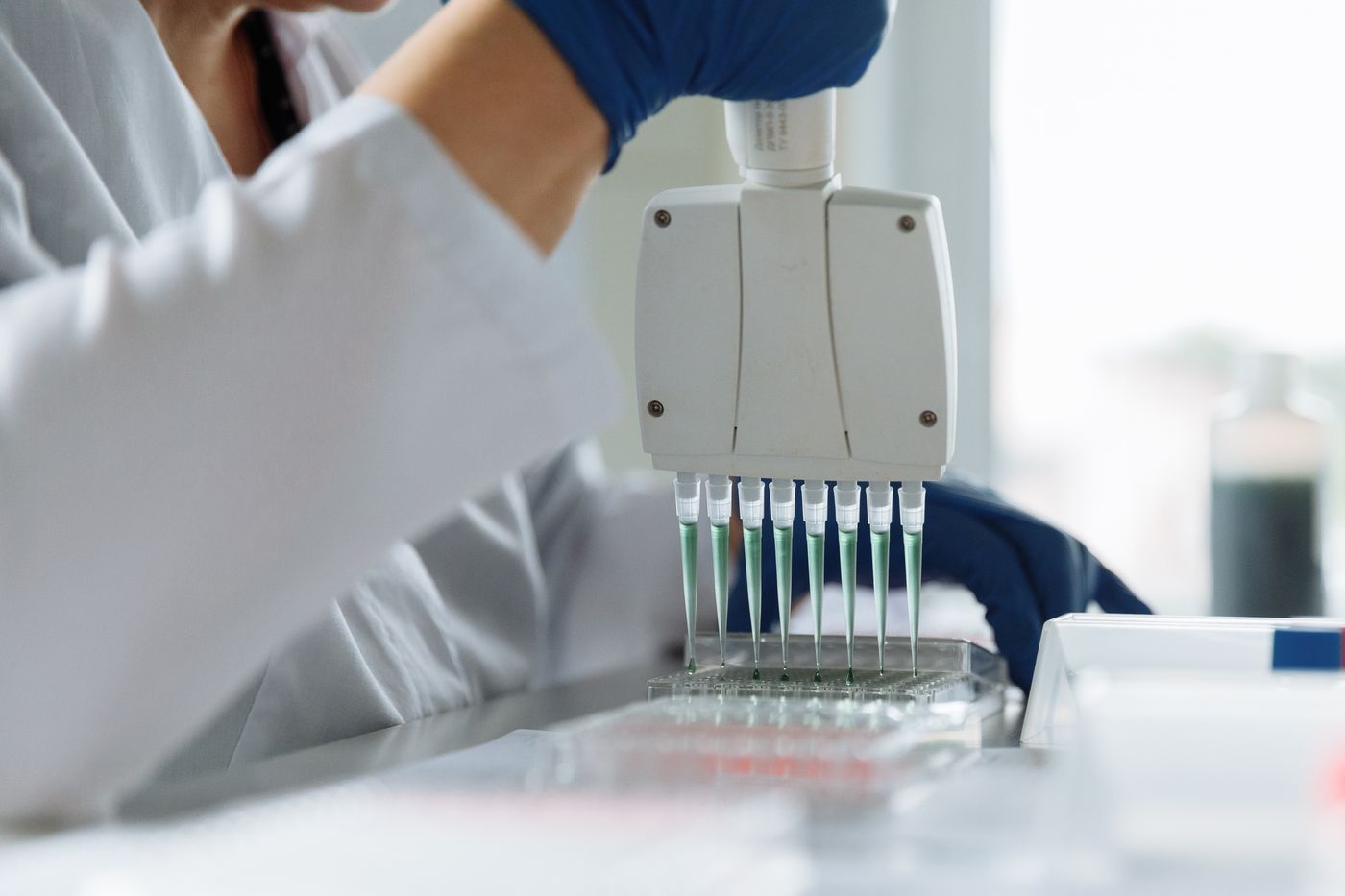 Scientist using a multichannel pipette for NGS library preparation in a molecular laboratory