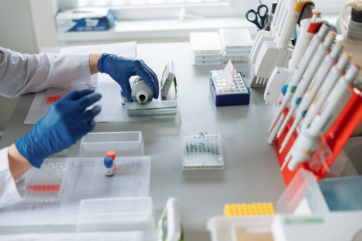 Ricercatrice al lavoro su campioni in laboratorio