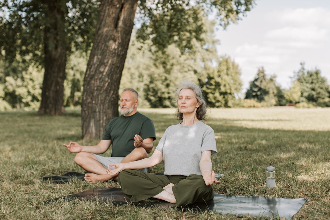 An elderly couple doing yoga in a park.