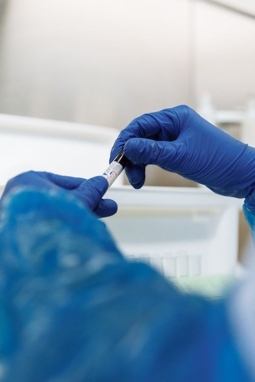 Free Scientist in blue gloves handling a sample tube in a laboratory setting. Stock Photo