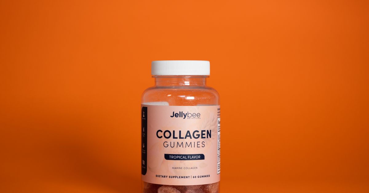 Jellybee Collagen Gummies tropical flavor in a plastic bottle on an orange background. - Evidence evidence guide for Collagen Supplements: What They Can and Cannot Do for Skin and Joints
