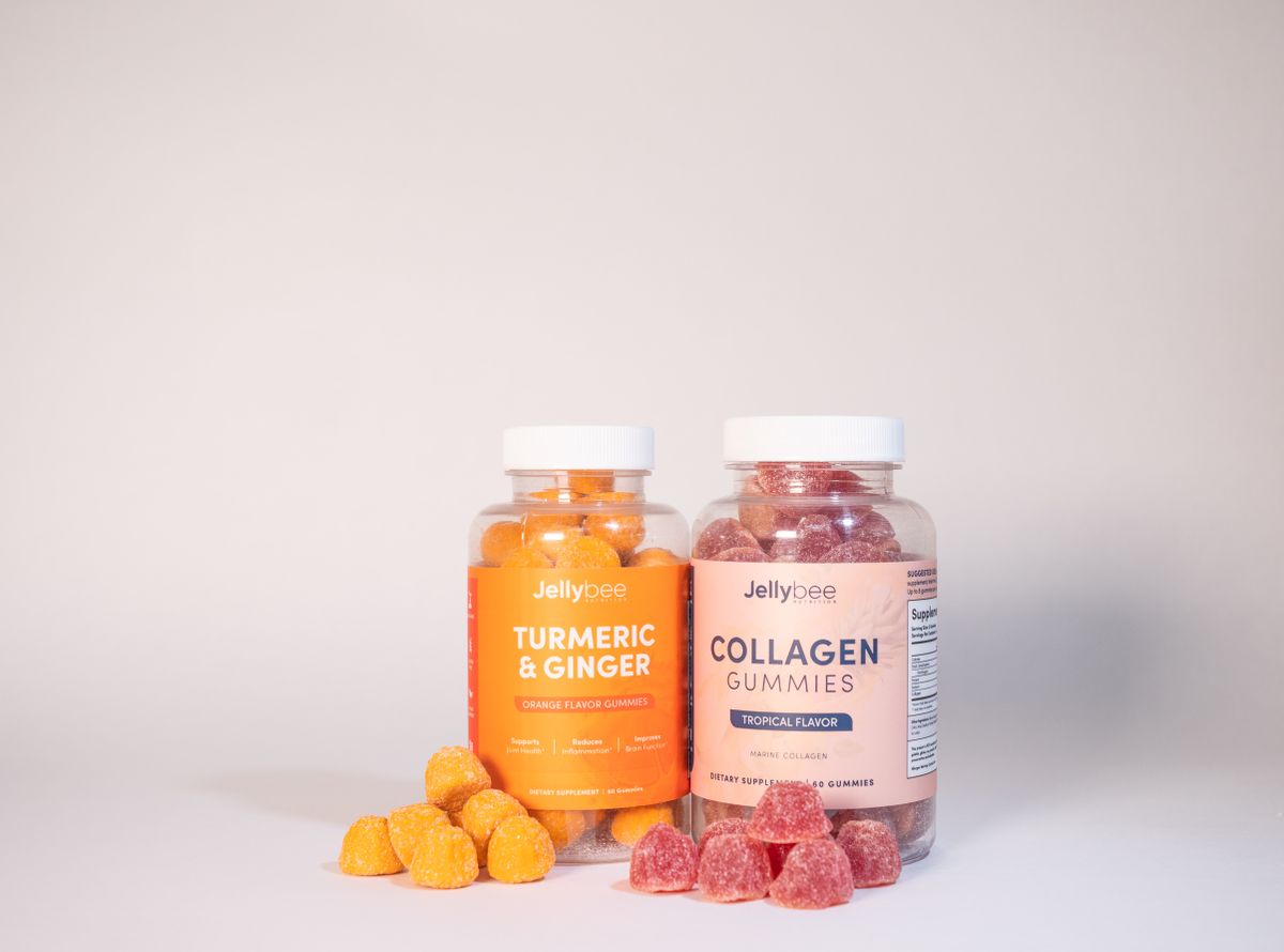 Vibrant product image of Jellybee Turmeric & Ginger and Collagen gummies on a white surface.
