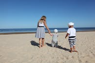 三个孩子穿着条纹衣服，在晴朗的蓝天下走在沙滩上