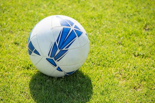 White and Blue Soccer Ball on Green Grass Field