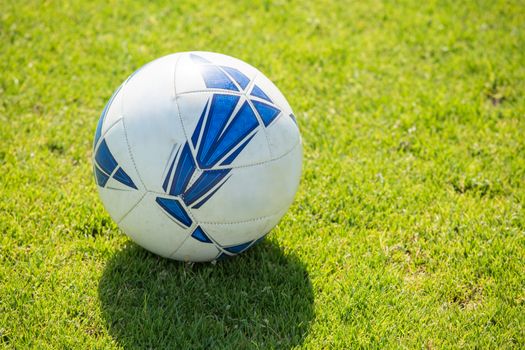 White soccer ball with blue patterns resting on a green grass field in bright daylight.