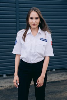 Confident female paramedic standing outdoors in uniform against a modern backdrop.