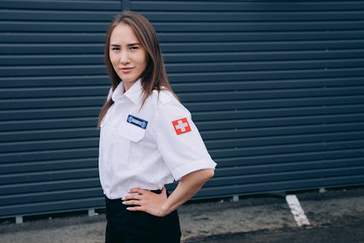 Young female paramedic standing confidently in uniform, ready for emergency response.