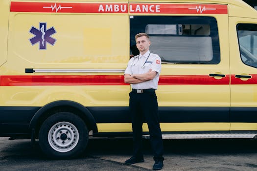 A paramedic in uniform standing confidently beside an ambulance vehicle.
