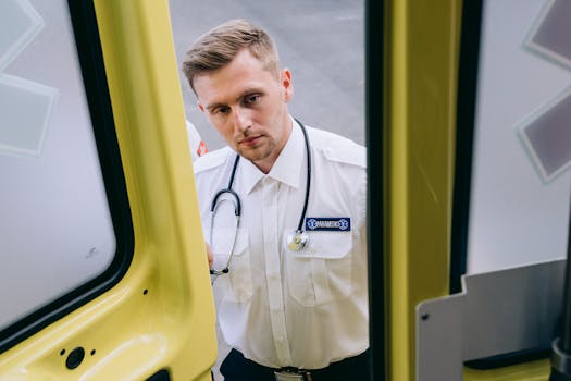 Caucasian male paramedic standing outside an ambulance vehicle, focused and ready for duty.