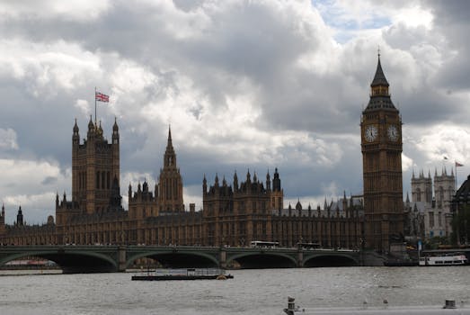 Scenic photo of Big Ben and the Palace of Westminster from the River Thames, London.