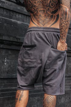 Shirtless man with intricate tattoos on back and arms wearing shorts and standing outdoors against textured wall.