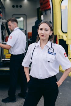 Paramedics standing by an ambulance ready for emergency medical response.