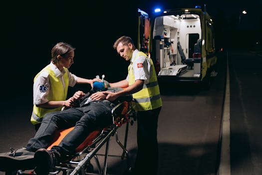 Paramedics attending to a patient on a stretcher with an ambulance nearby at night.