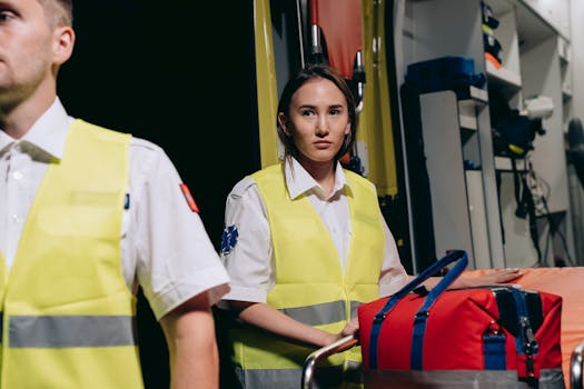 Professional paramedics in reflective vests loading medical equipment into an ambulance for emergency assistance.