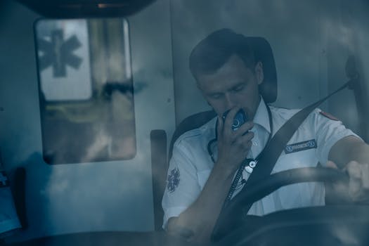 A paramedic uses a radio transmitter while seated in an ambulance, focusing on an emergency situation.