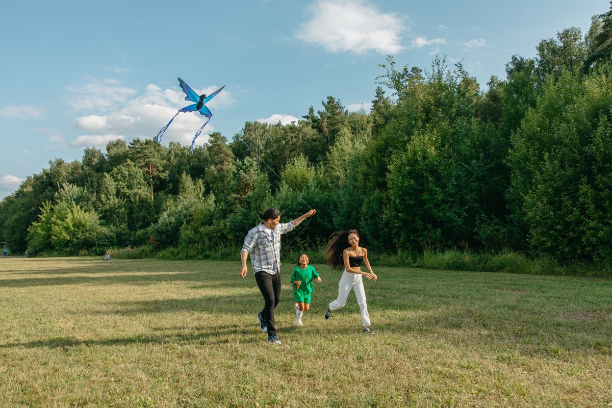 Familia alegre jugando con una cometa en un parque soleado