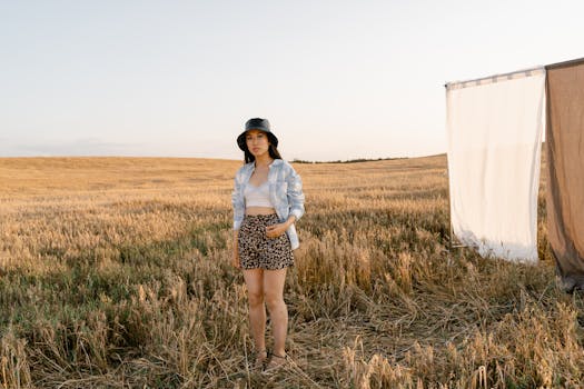 Fashionable woman in a countryside field at sunset, showcasing modern style.