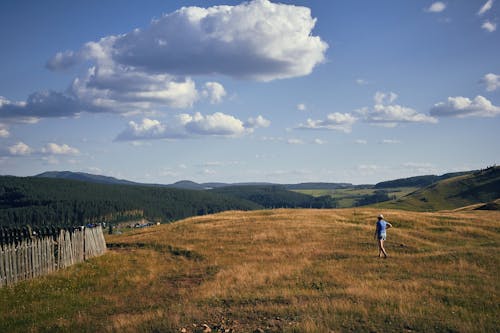 A Person Walking in the Grass Field