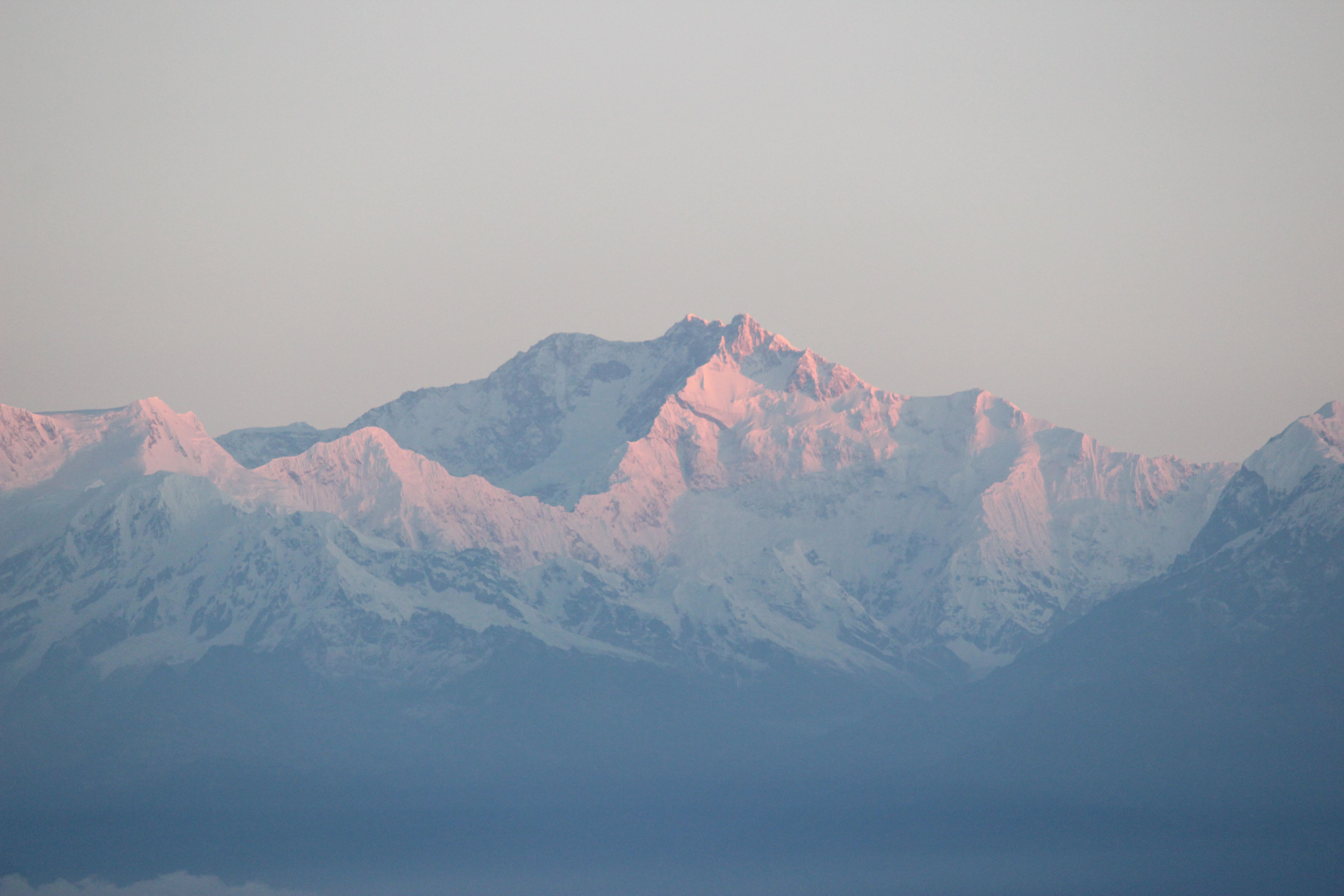 El Kanchenjunga teñido de rosa al amanecer sobre una bruma azul pálida, visto desde las colinas del Himalaya oriental