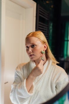 Woman using a jade roller on her face in a skincare routine indoors.