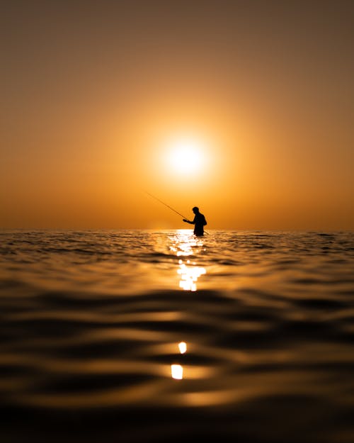 Silhouette of Person Fishing on Sea at Sunset