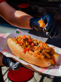 A gourmet hot dog topped with savory ingredients, captured with natural light. Ideal for foodie content.