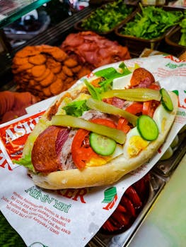 Colorful Turkish sandwich featuring fresh veggies and meats in a vibrant food setting.