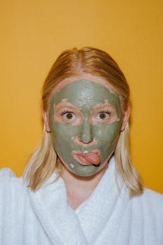Playful woman in bathrobe with green mud mask against yellow backdrop.