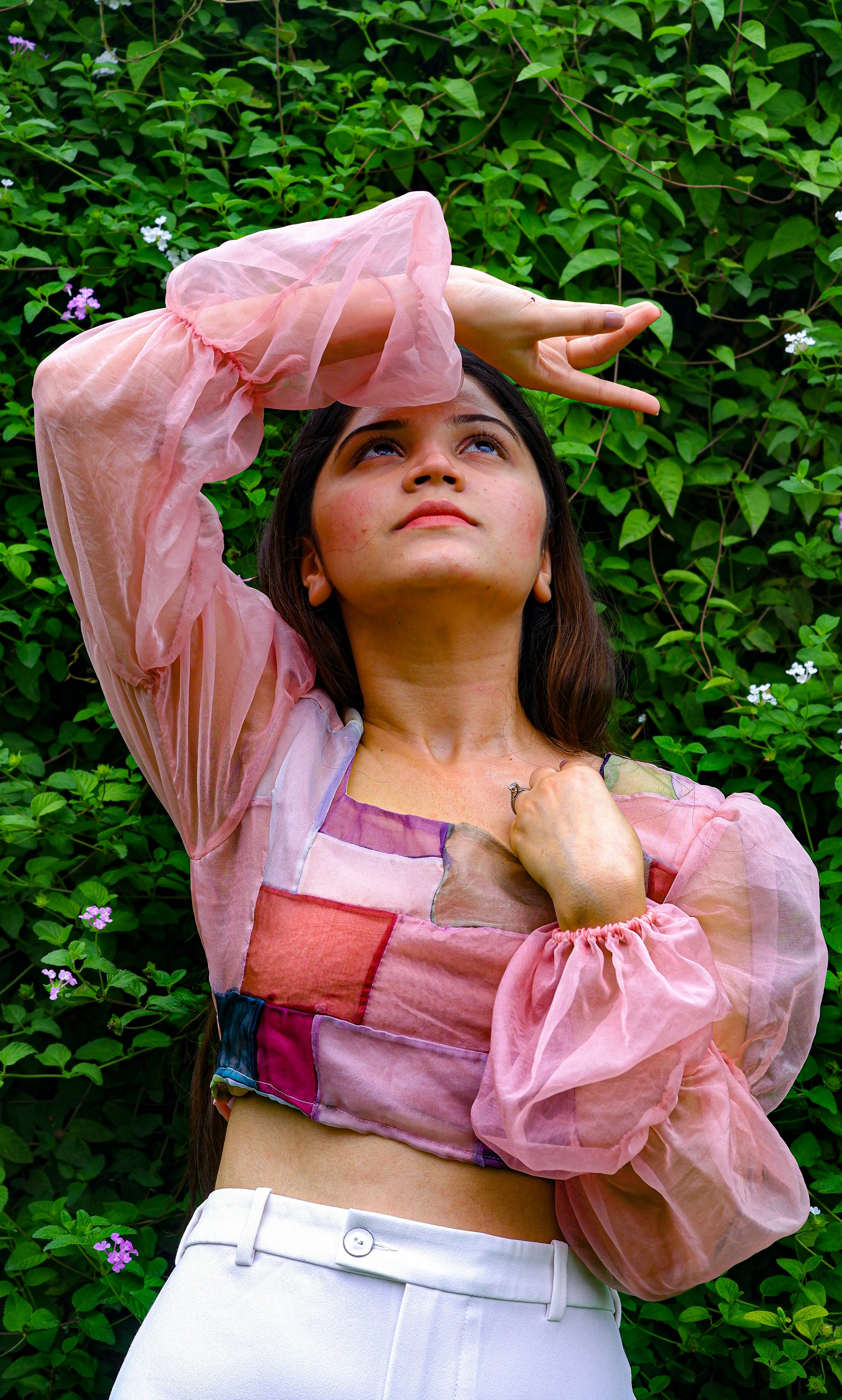 Patchwork crop blouse mixing chiffon pastels for lehenga pairing