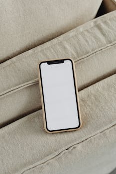A smartphone with a blank screen lies on a beige couch, ideal for design mockups.