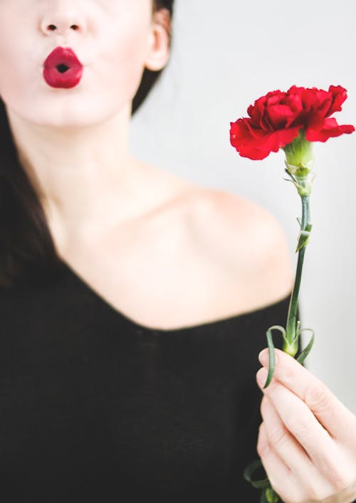 無料 赤いカーネーションの花を持っている女性の写真 写真素材